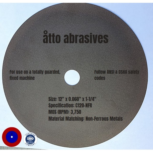 Atto Abrasives Ultra-Thin Sectioning Wheels 12"x0.060"x1-1/4" Non-Ferrous Metals 3W300-150-SN